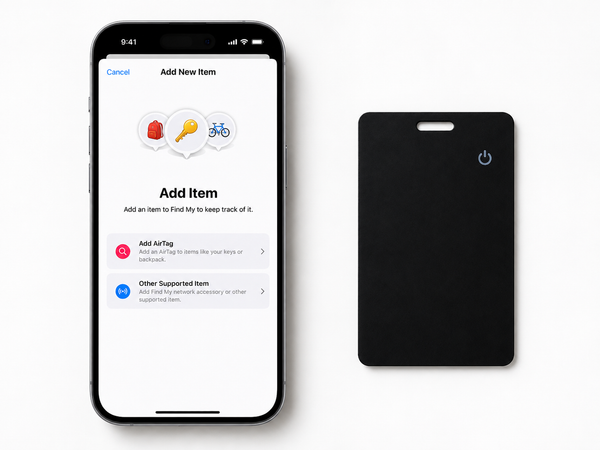 iPhone showing the Find My "add item" screen, card resting beside it