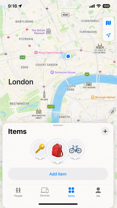 Tapping Add Item in the Find My app