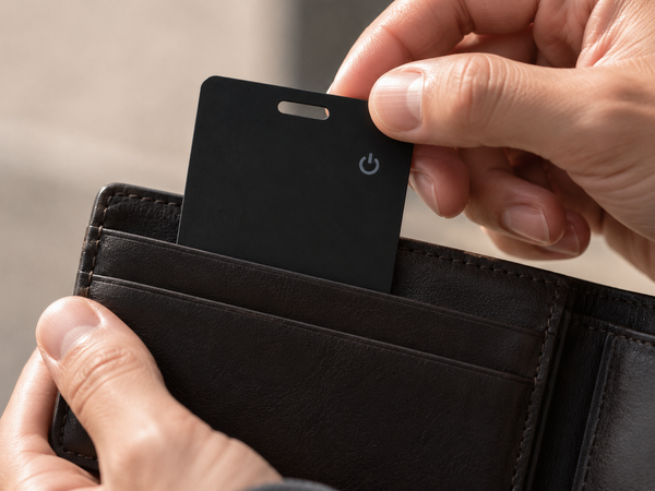 Card being slid into a wallet card slot, close crop on hands