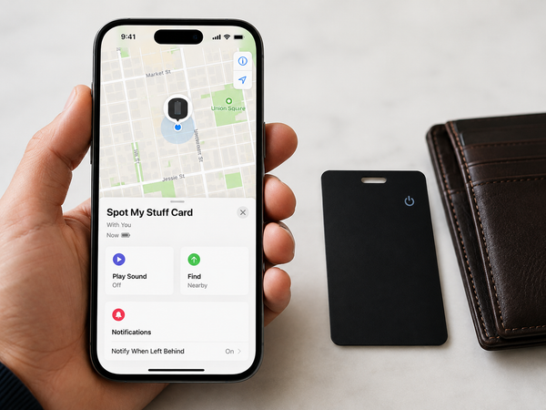 iPhone held up showing the item's location and Play Sound control