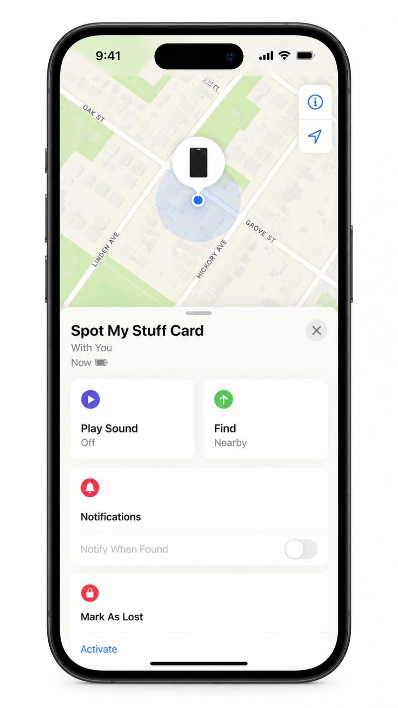 iPhone screen recording still: Find My item view with map pin and Play Sound