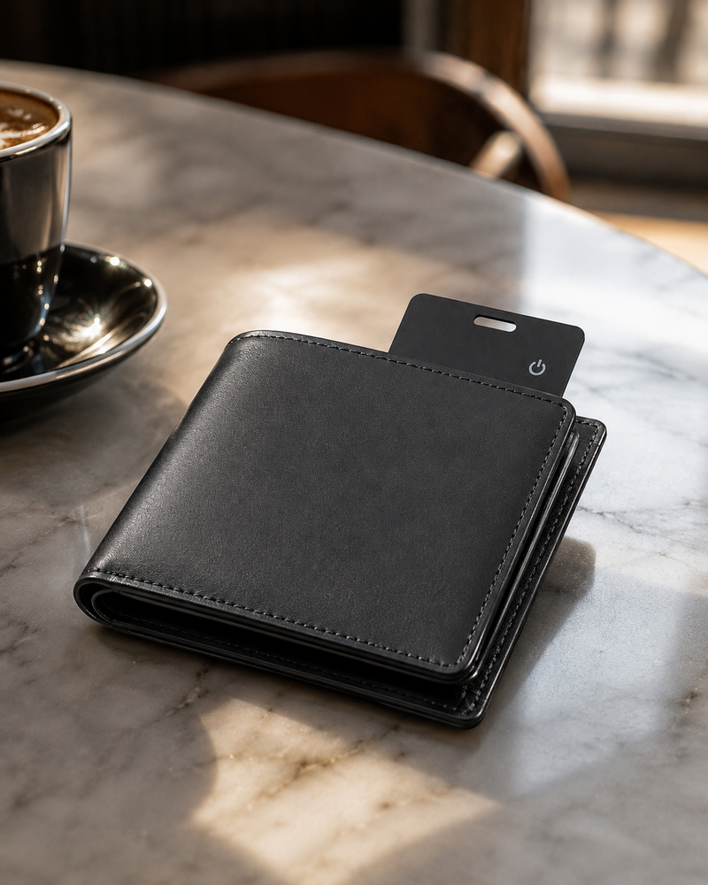 Wallet with the tracking card inside, on a café table