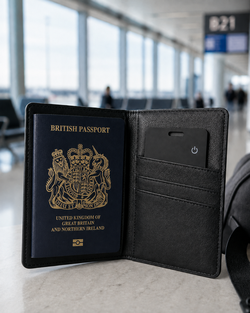 Tracking card tucked into a passport holder on a hotel desk