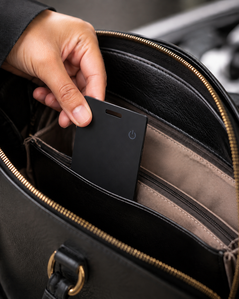 Tracking card slipping into a handbag inner pocket