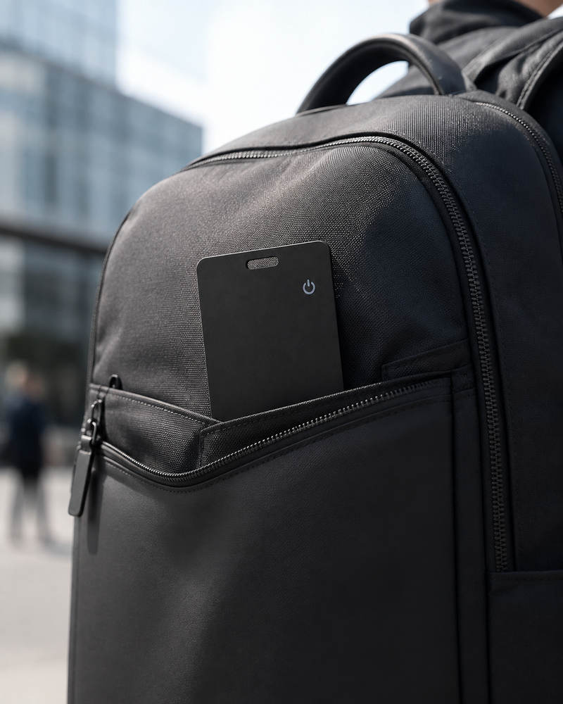 Tracking card in the front pocket of a commuter backpack