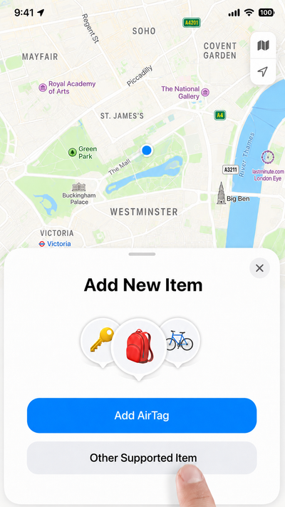 Choosing "Other Supported Item" in the Find My app