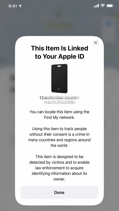 Item successfully linked to the user's Apple ID in Find My
