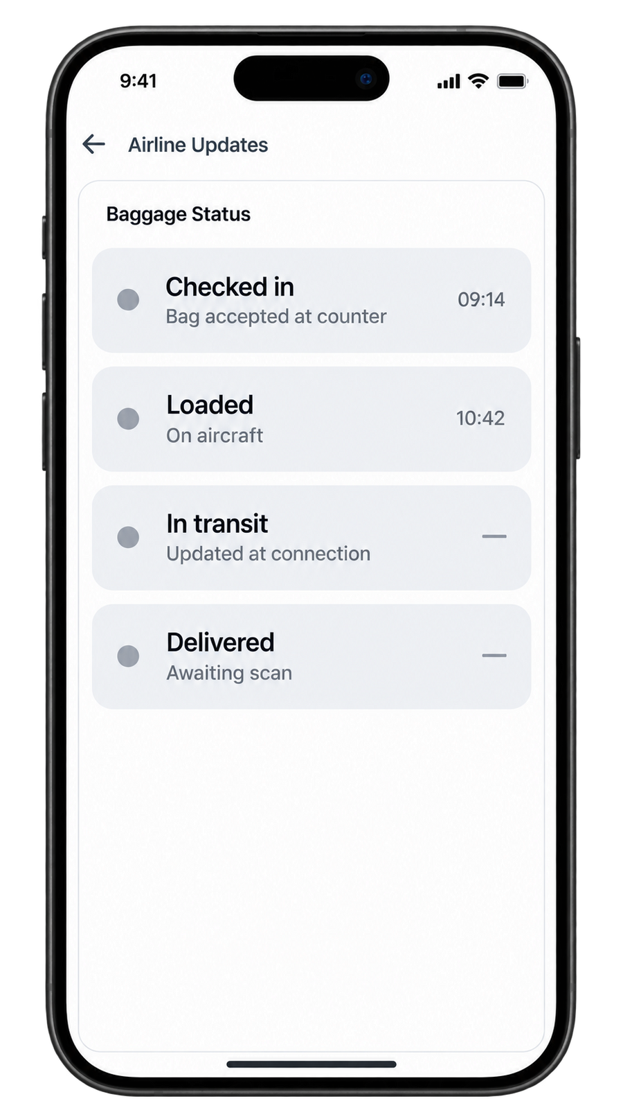 Phone showing airline baggage status updates