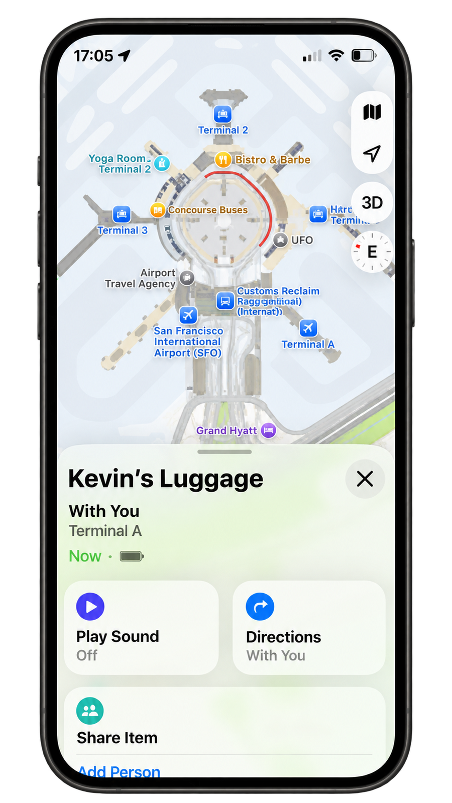 Phone showing a tracking card’s detected location in Find My