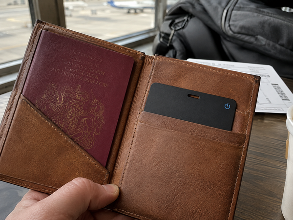 Photo review slot — card in a passport wallet