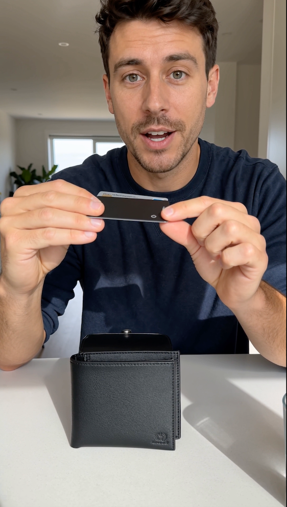 Tracking card held up next to a bank card to compare thickness